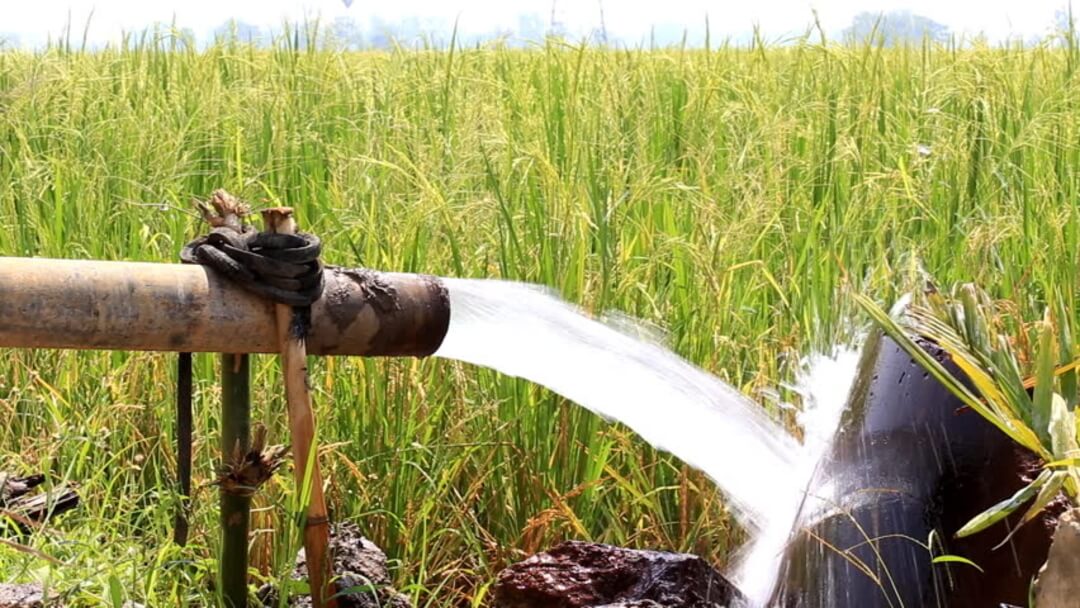Water pouring freely across a green farm field